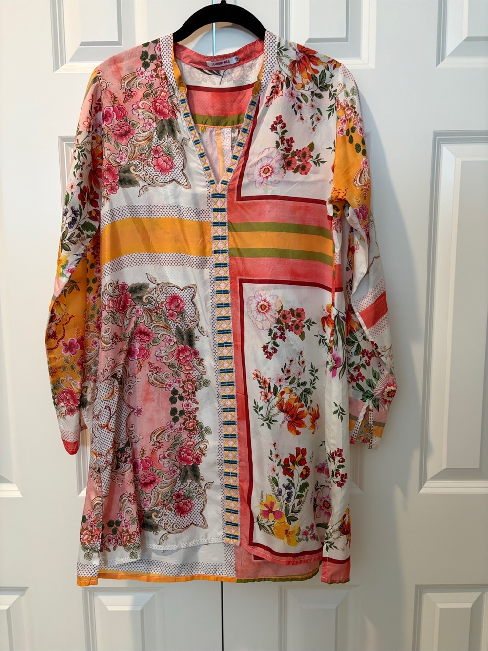 Johnny Was Multicolor Floral Patchwork Tunic - Pink & Yellow & Green